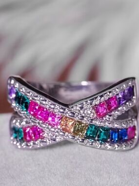 Multicolored Cross-Over Gemstone Ring - Silver Tone